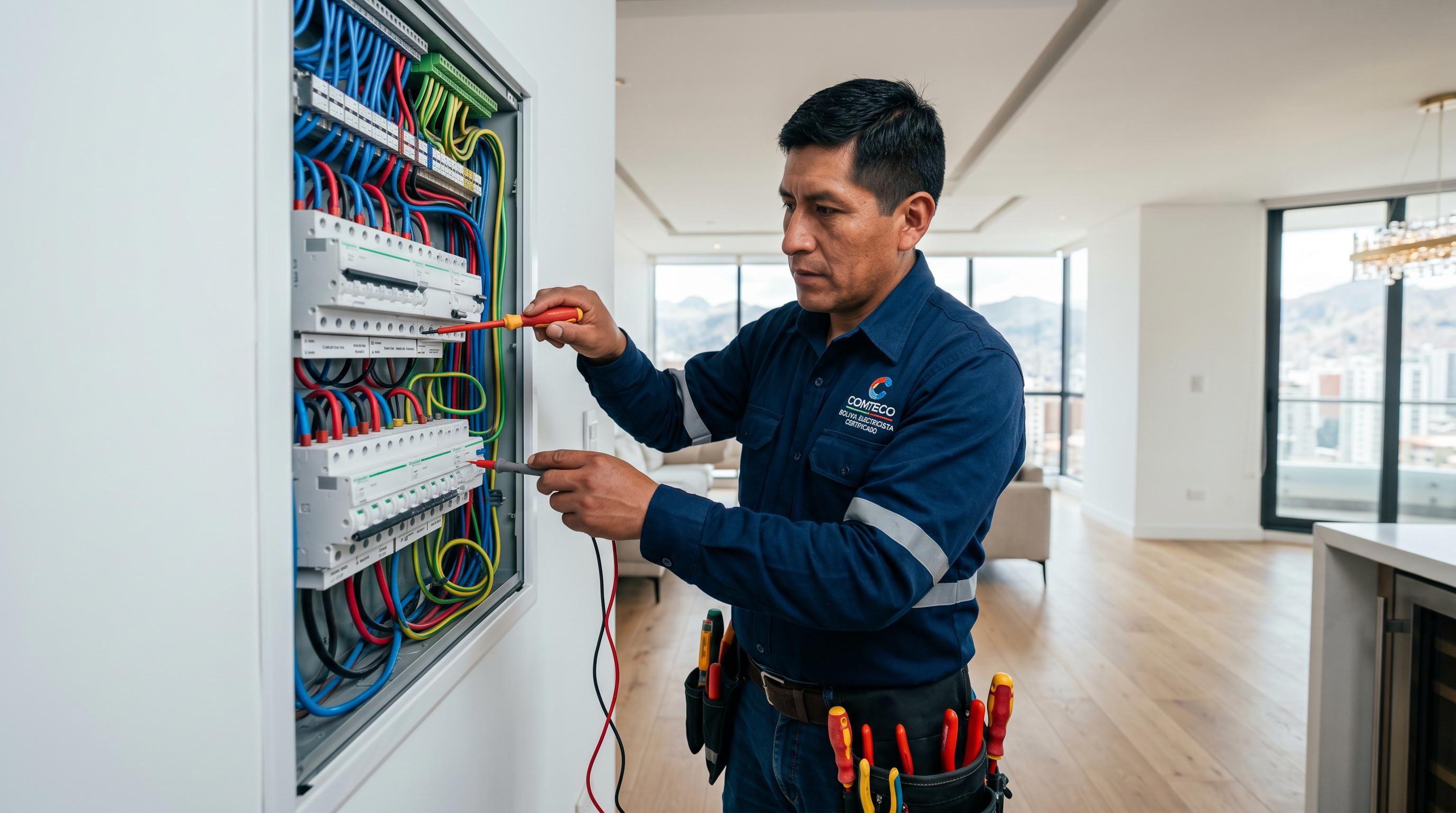 Electricista profesional trabajando en Bolivia
